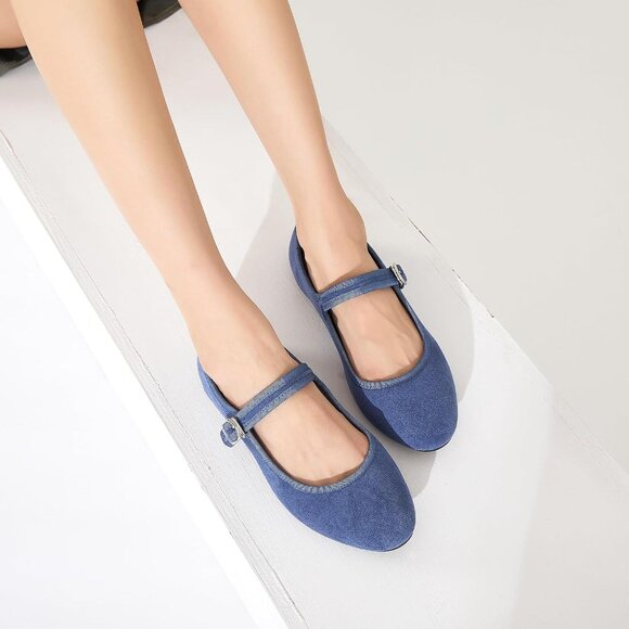 Babudog Womens Blue Faux Suede Rounded Toe Ankle Strap With Buckle Flats - Picture 8 of 9